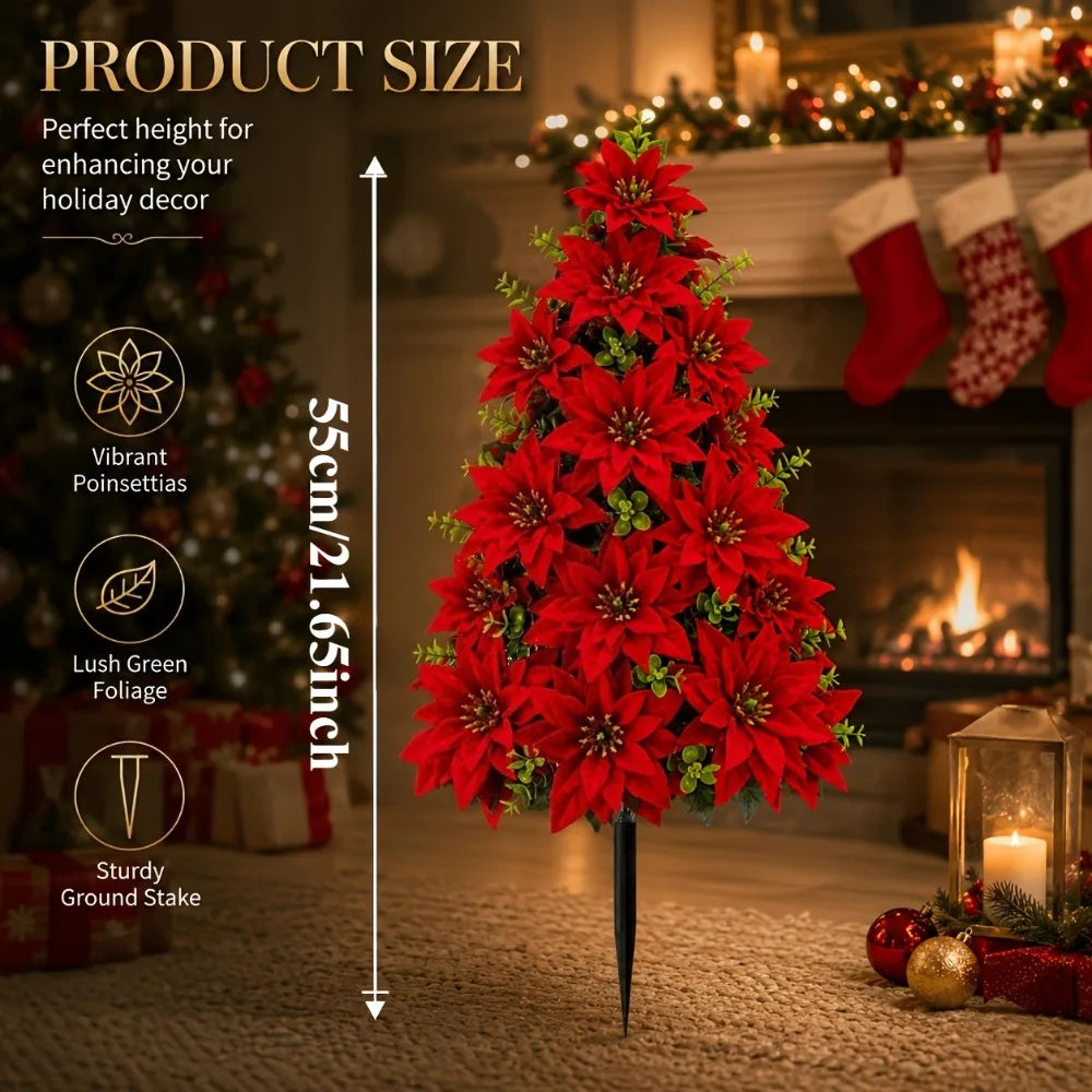 Árvore de Natal artificial com poinsettias e estaca para fixar no chão, ideal para vasos de jardim, canteiros de flores, degraus de entrada
