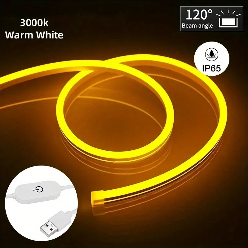 Fita de LED Neon USB DC 5V com Sensor de Toque Regulável, Fita de Silicone Flexível à Prova d'Água para Decoração de Ambientes Externos