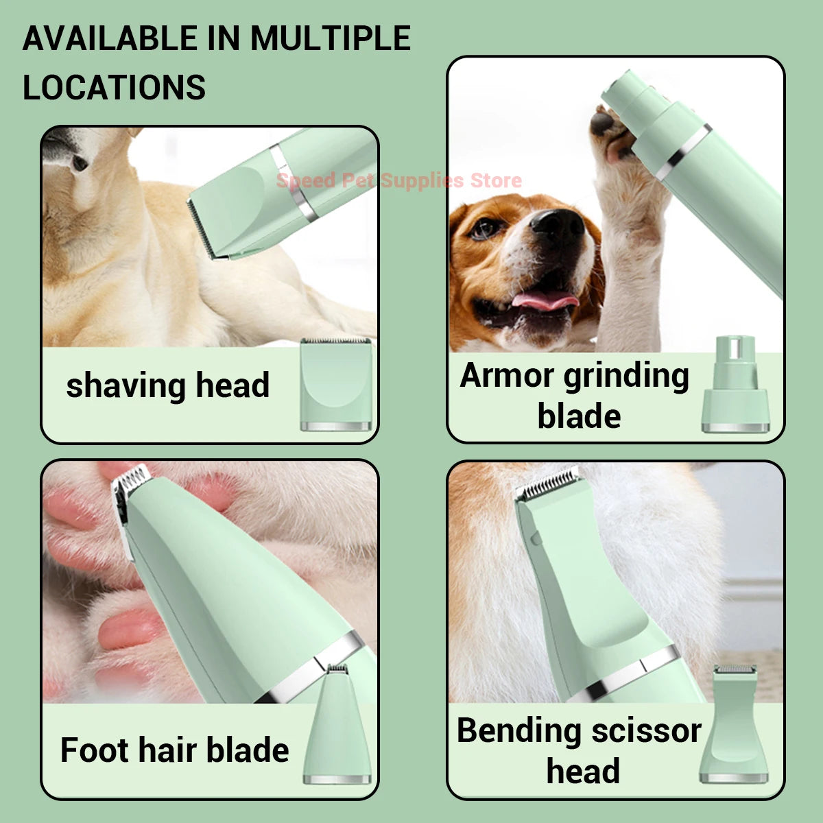 Conjunto 4 em 1 para tosa e cuidados com animais de estimação, 4 lâminas diferentes, barbeador de pelos de animais de estimação, baixo ruído, recarregável, sem fio, seguro, aparador de cães