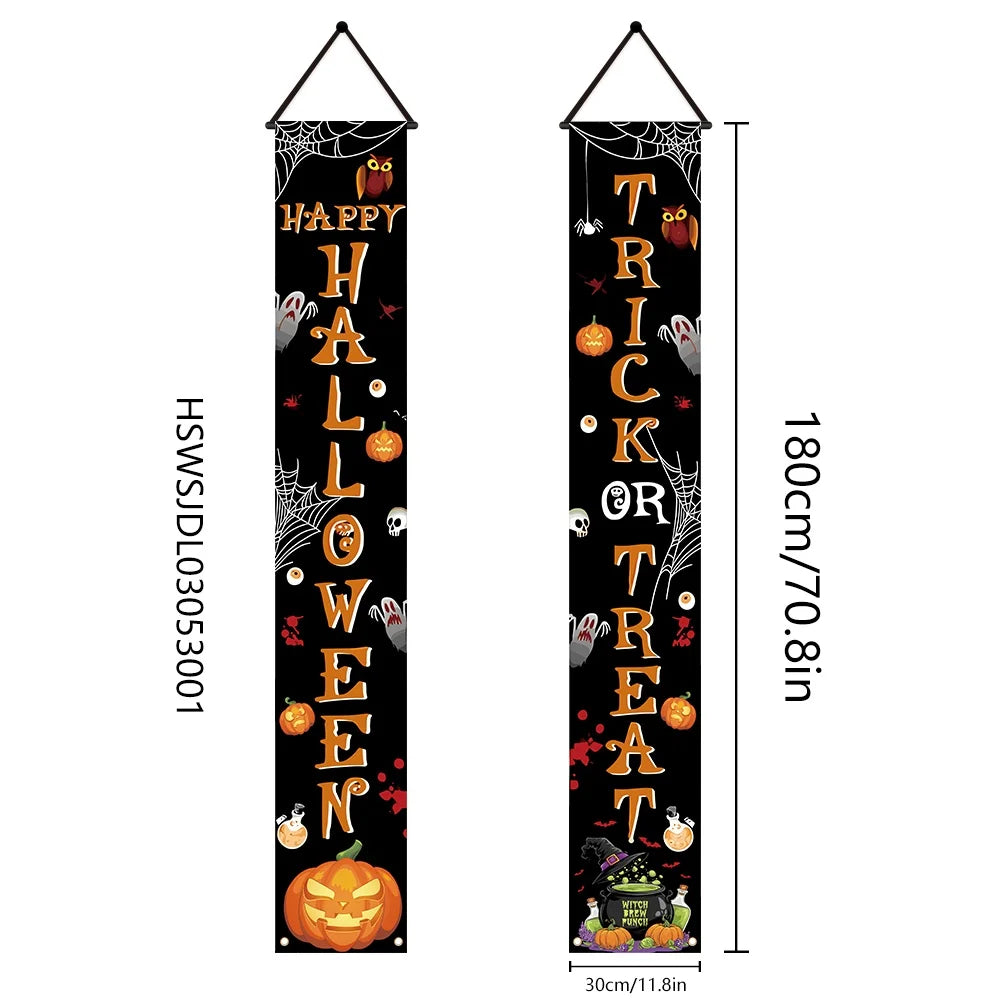Banner de Halloween com Estampa de Abóbora, Teia de Aranha e Esqueleto, Decoração Assustadora para Pendurar na Porta da Frente ou na Parede, Ornamento de Terror, Artigos para Festa de Halloween