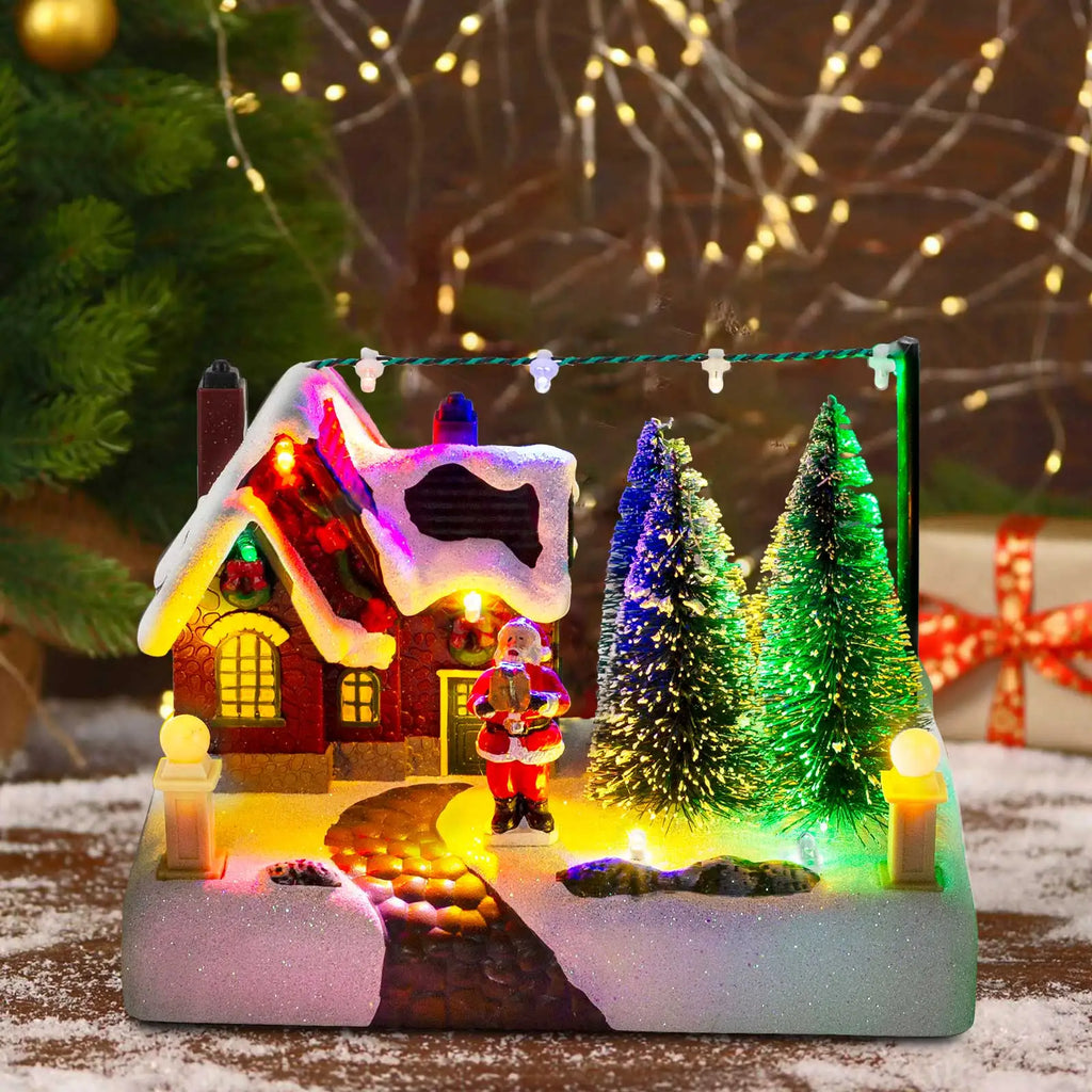 Cena de vila de natal, edifício colecionável com luzes, árvores, papai noel, cidade de neve, decoração de paisagem, férias, casa, mesa, lareira