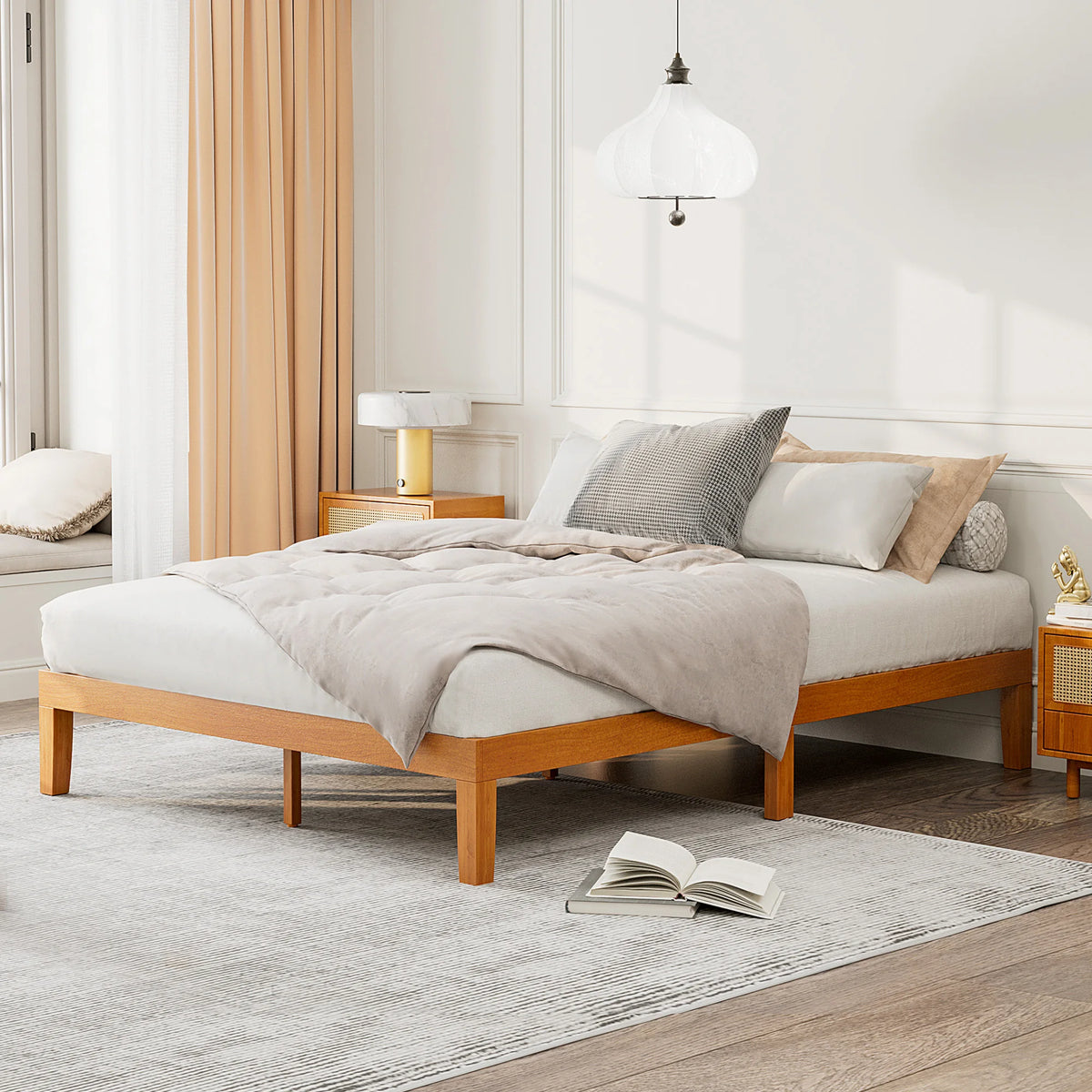 JHK Estrutura de cama de madeira maciça de todos os tamanhos com suporte de ripas de madeira resistente, sem necessidade de molas, fácil montagem, ecológica para sala de estar