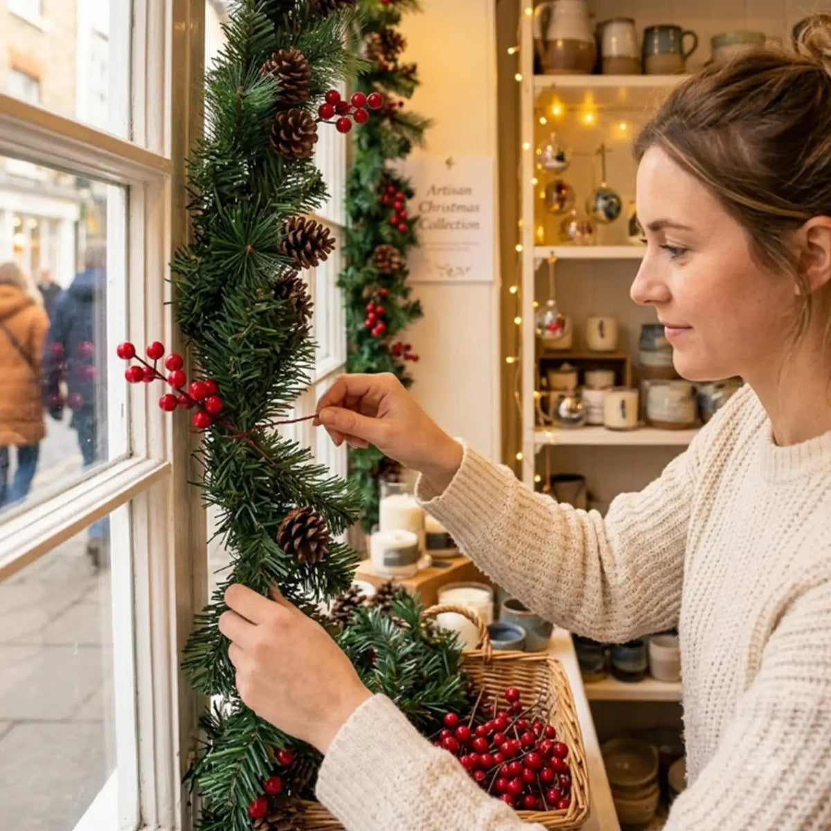 Guirlanda de Natal com Pinhas e Frutas Vermelhas, Árvore de Natal Artificial, Guirlanda de Galhos de Pinheiro, Decoração para Festas em Casa