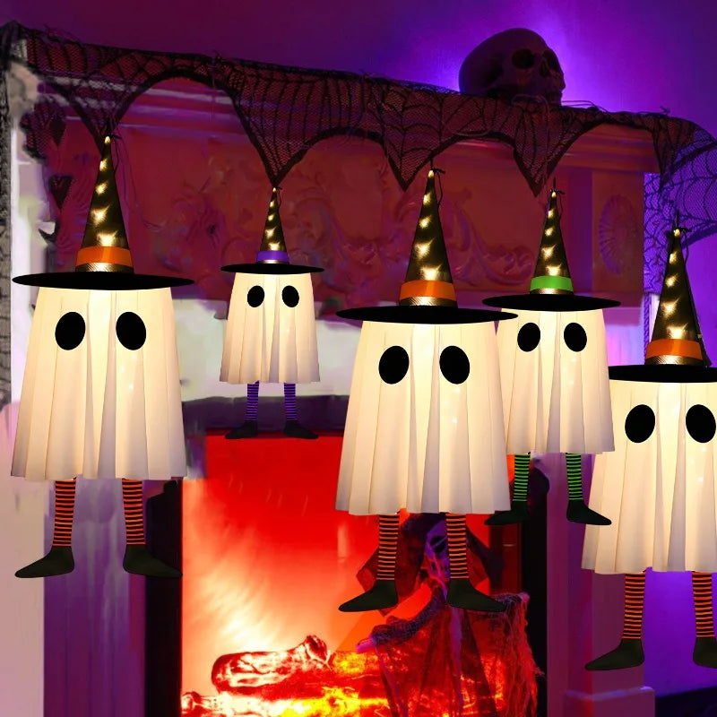 Decorações de Fantasmas Pendurados para Halloween, Luzes de Chapéu de Bruxa para Halloween ao Ar Livre, Fantasmas Brilhantes para Árvores de Jardim, Decoração de Halloween para Quintal