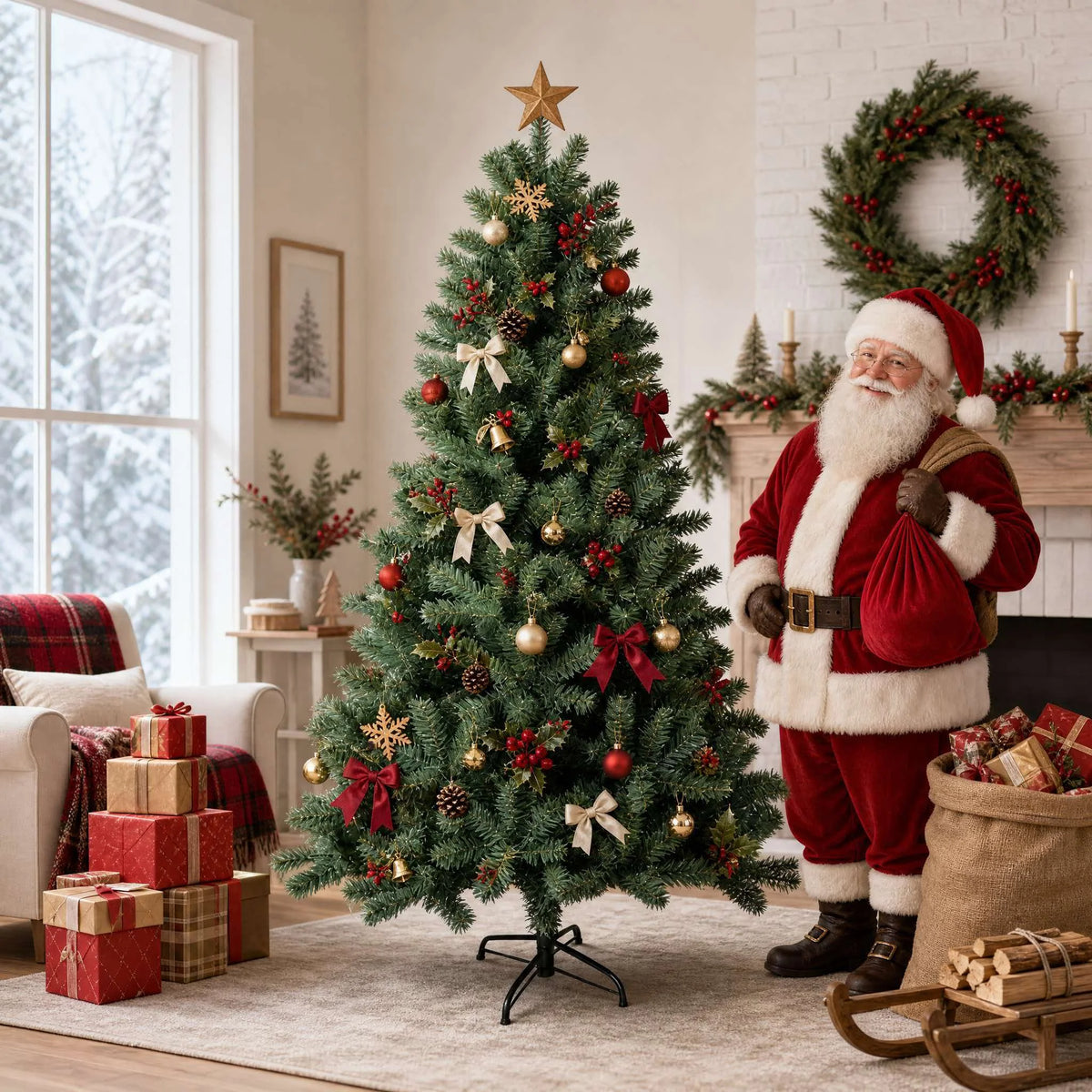 Árvore de Natal Artificial de 7FT/2.1M em PVC com Base, 1004 Galhos Sem Luz, Montagem Simples e Rápida, Decoração de Férias para Interior e Exterior - Kasa & Pet