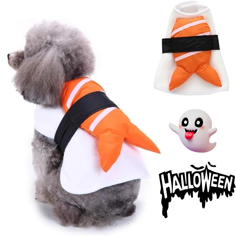 Halloween cosplay roupas de estimação cão traje engraçado roupas para cães comida de peixe traje para animais de estimação gato filhote de cachorro respirável festa roupa natal