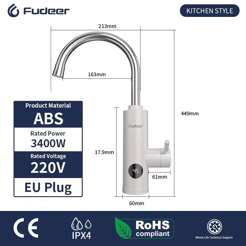 Fudeer 3400W 220V Cozinha Elétrica Aquecedor de Água Torneira Instantânea de Aço Inoxidável Torneira de Água Aquecedor Torneira de Aquecimento Frio - Kasa & Pet