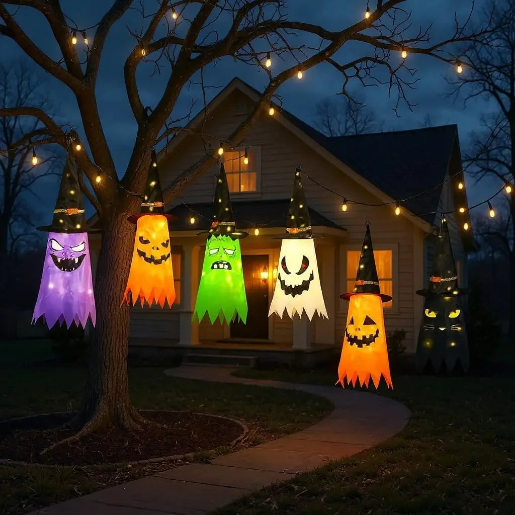 Lanternas de Chapéu de Bruxa Brilhantes para Halloween, Decoração Suspensa para Jardim, Varanda, Quarto, Ambientes Internos e Externos, Adereços para Festas de Feriado