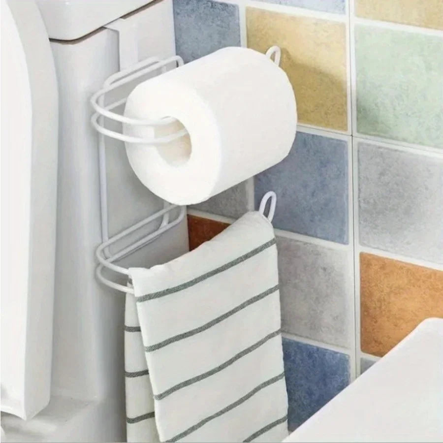 Suporte de papel higiênico de 2 camadas, rack de rolo de armazenamento para banheiro, porta suspensa, barra de toalha, gaveta, ganchos traseiros, cabide de cozinha