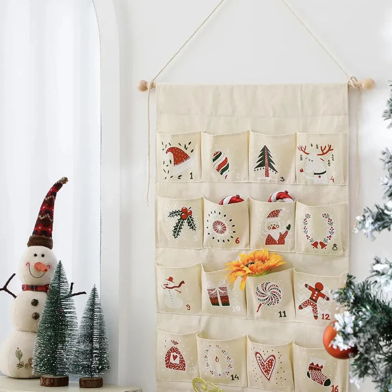 Calendário do advento de contagem regressiva de natal com 24 bolsos manto de lareira de véspera de natal pendurado na parede acessórios de decoração de festa de feriado