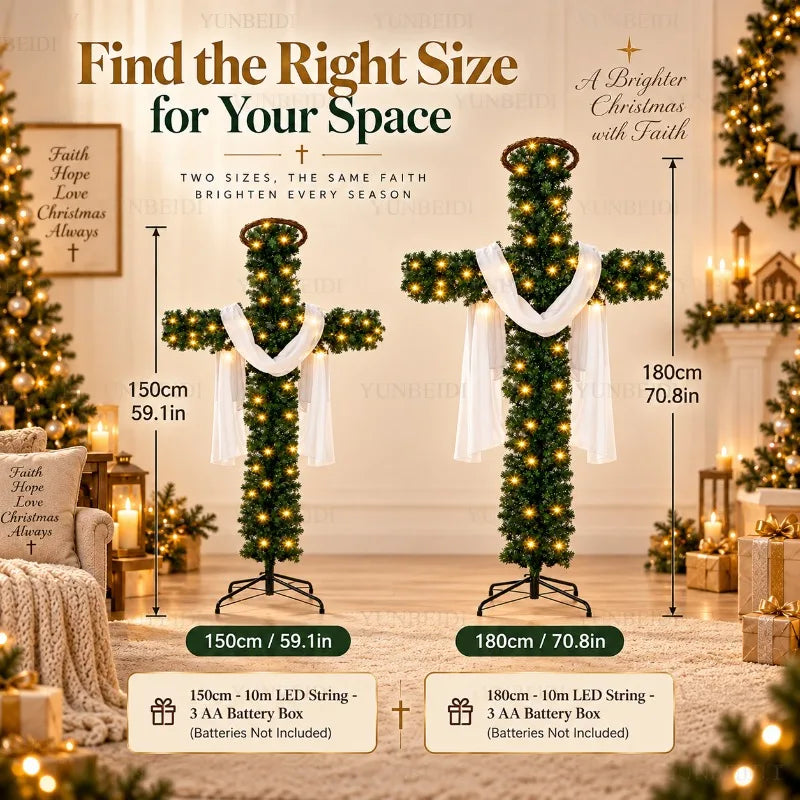 Decoração de Árvore de Natal em Forma de Cruz de 150/180cm com Luzes LED Quentes, Decoração Religiosa para Árvore de Natal, Jardim, Igreja e Festas
