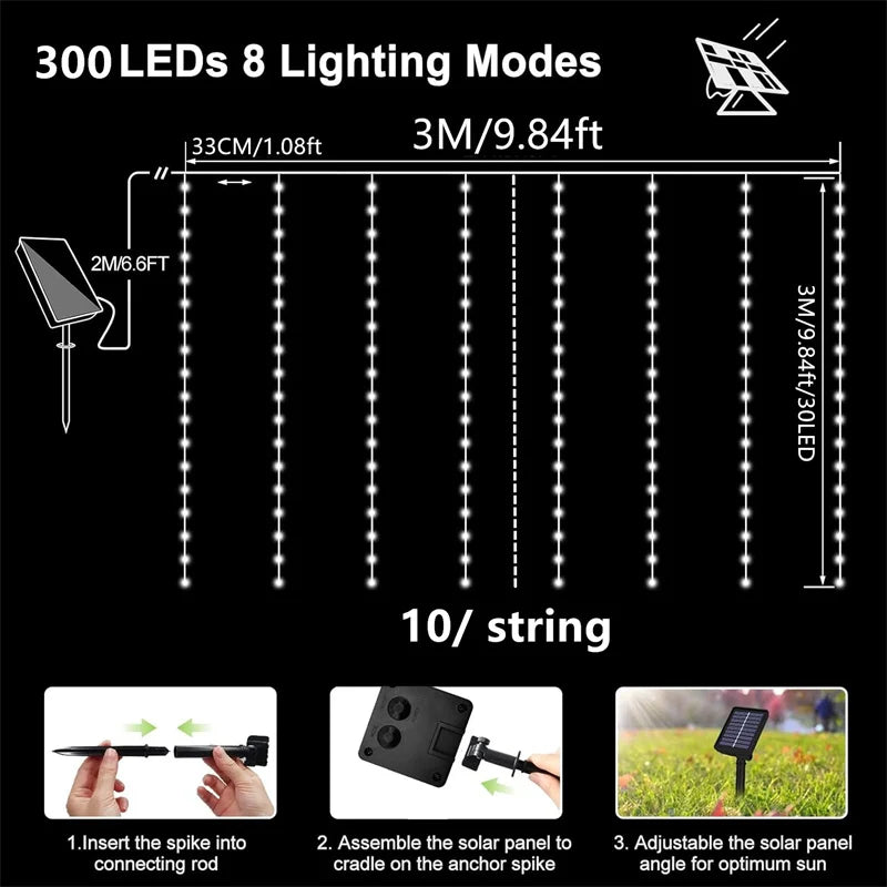 Solar led cortina de luz ao ar livre guirlanda solar fada luz da corda fio cobre lâmpadas para jardim quintal festa casamento decoração do feriado