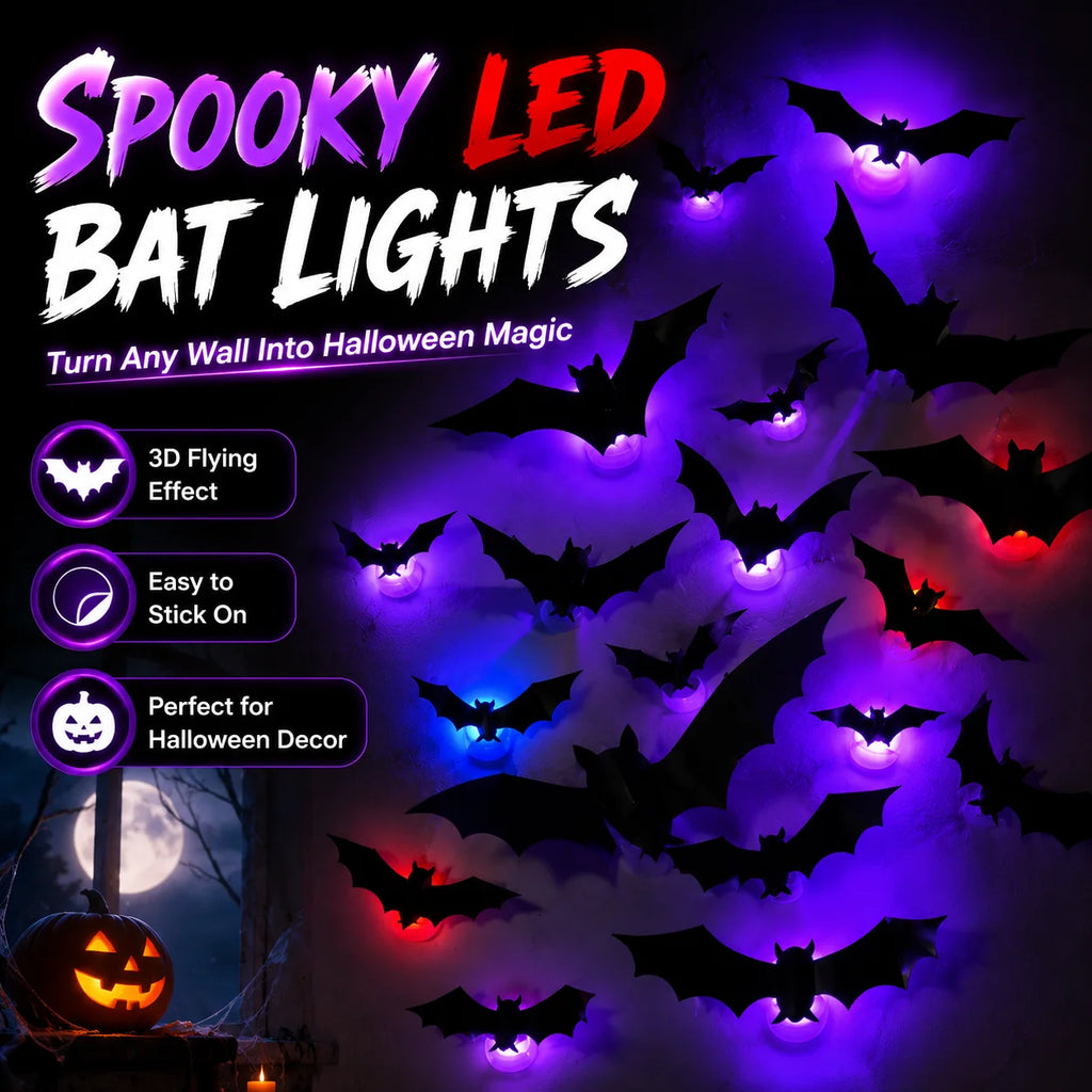 Decorações Assustadoras de Halloween: Luzes LED 3D de Morcego |   Adesivos de Parede Flexíveis, Decoração Luminosa Alimentada por Energia |   Decoração de Festa, Janela