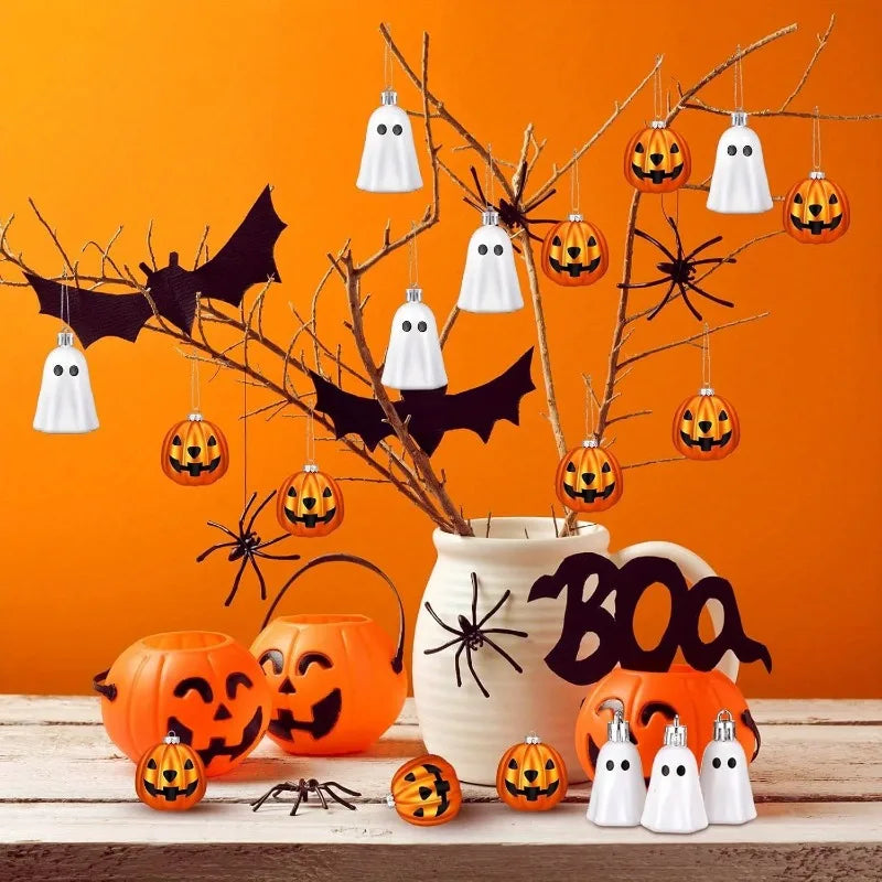 Enfeites Suspensos de Halloween: Fantasminha Branco Fofo e Abóbora Laranja, Decorações Mini de Plástico para Árvore de Halloween, Decoração de Festa