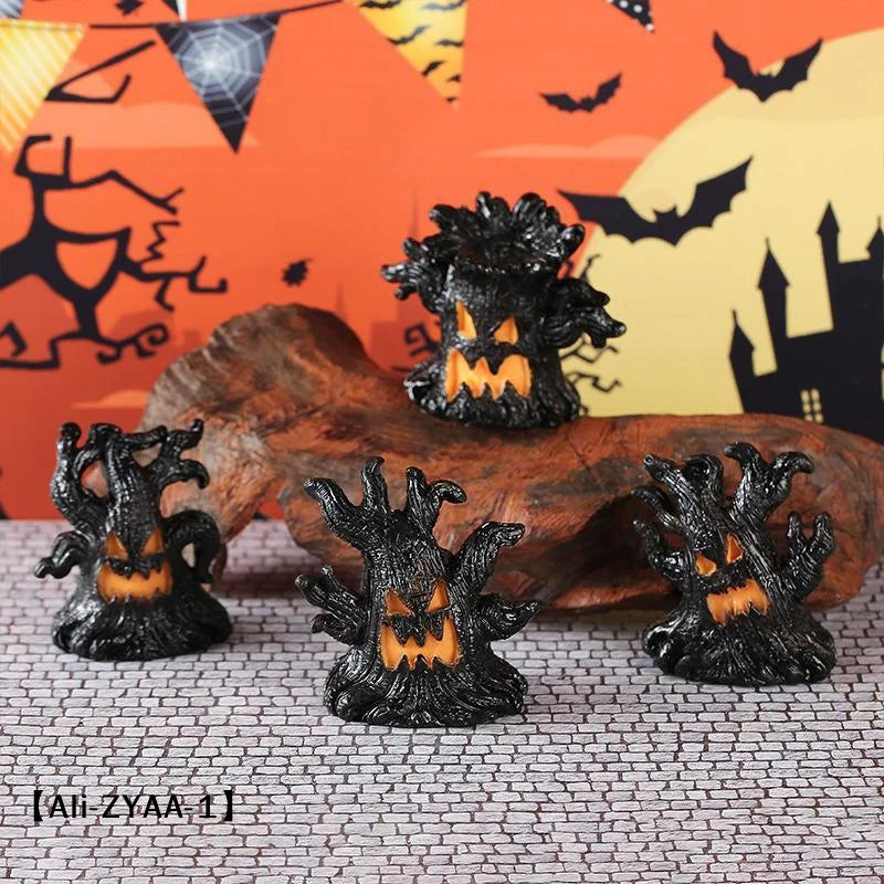 【A】Decoração de Árvore Assustadora Iluminada para Halloween com Luz LED Quente, Construção em Resina para Festa de Halloween, Decoração de Mesa e Casa Assombrada