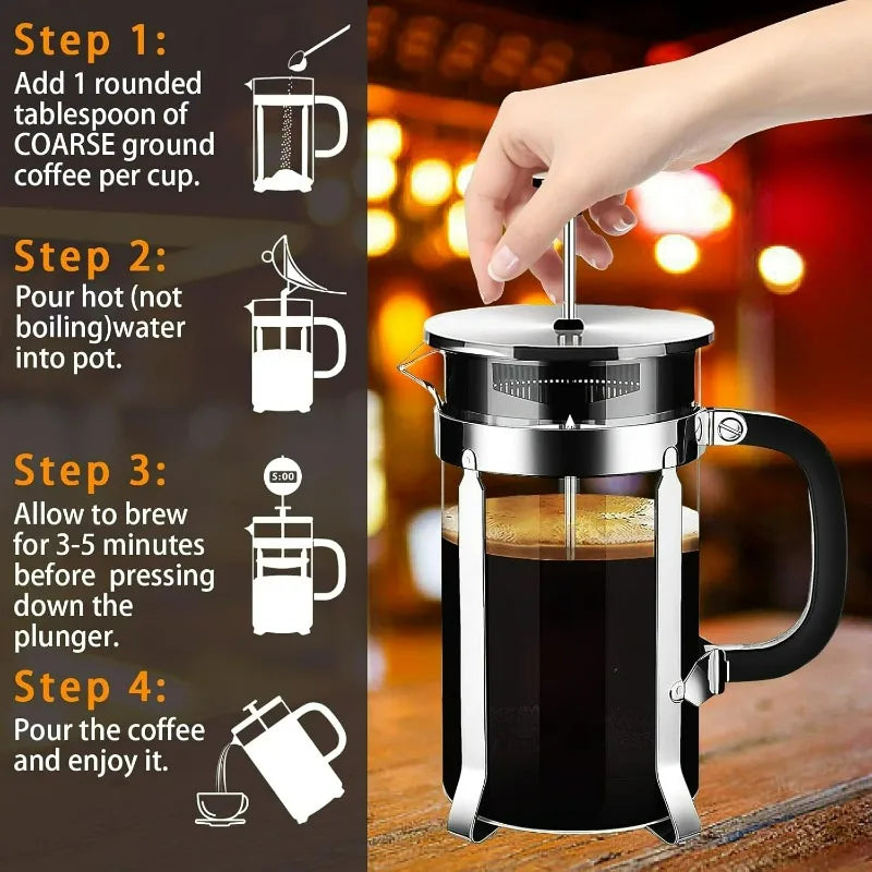 Cafeteira francesa de aço inoxidável, prensa de café isolada com sistema de 4 filtros, cafeteira manual para chá, camping e viagens