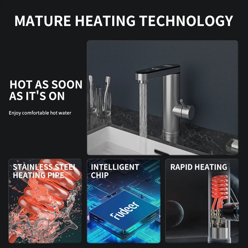 Fudeer 3400W 220V Cozinha Elétrica Aquecedor de Água Torneira Instantânea de Aço Inoxidável Torneira de Água Aquecedor Torneira de Aquecimento Frio