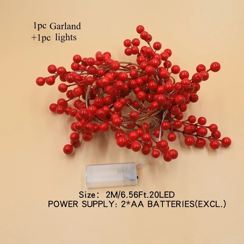 Guirlanda de luzes LED com frutos vermelhos artificiais para o Natal, luzes em forma de videira para decorar árvores de Natal, casas, casamentos, festas e para a decoração de inverno.