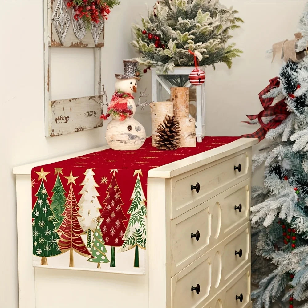 Decoração de mesa festiva retangular de corredor de mesa de Natal, design de árvores de Natal vermelhas e flocos de neve para toalha de mesa de férias