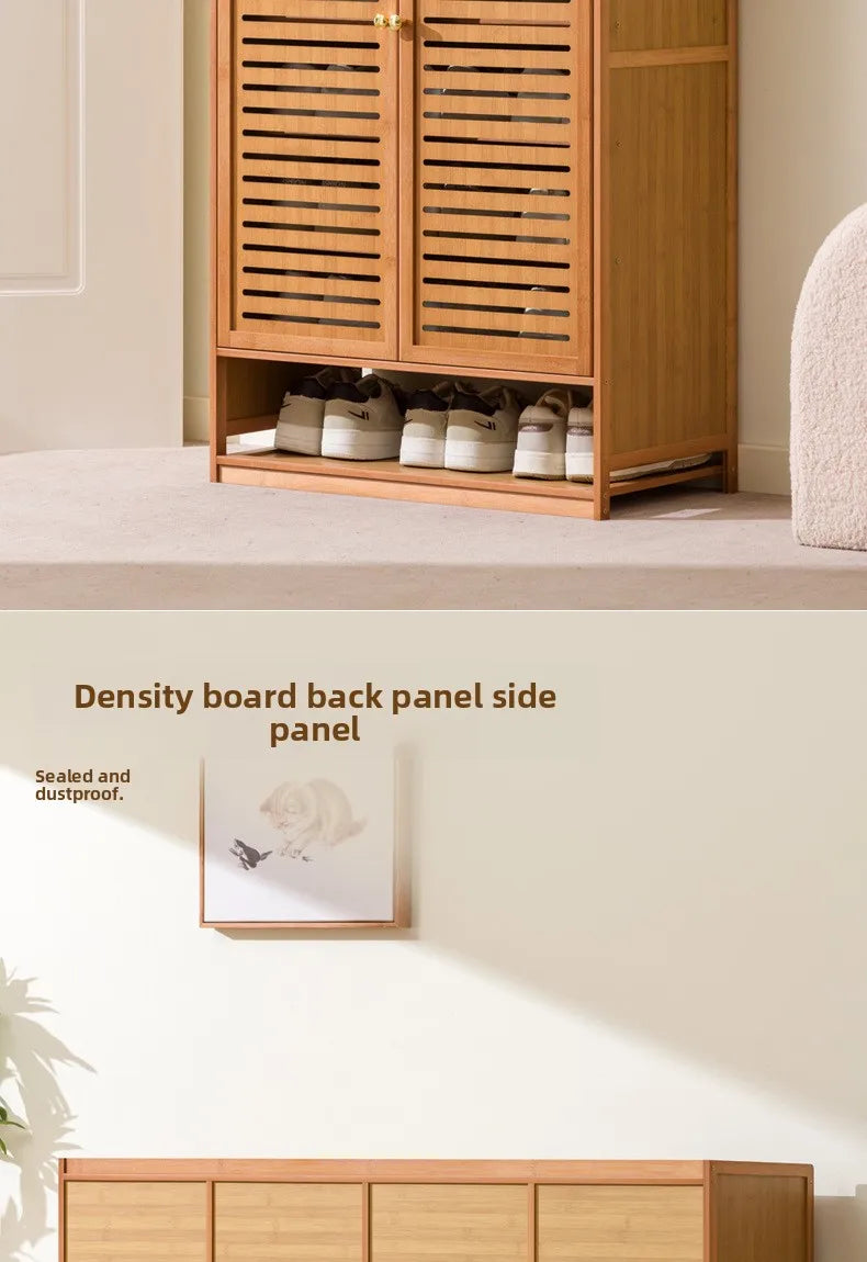Armário de Sapatos de Bambu com Porta de Persiana, Armário de Armazenamento Multicamadas para Sala de Estar, Armário de Jantar, Armário de Utensílios de Cozinha