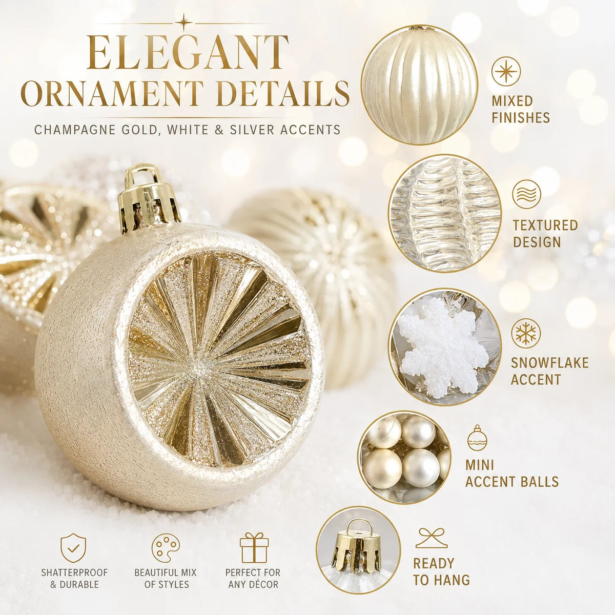 Conjunto de 40 Decorações de Natal em Ouro Champanhe e Branco, Decorações para Árvore de Natal, Adequado para Casamentos e Natal