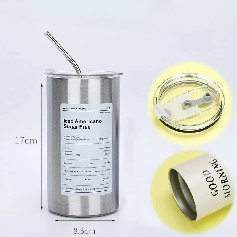 Copo Térmico de Aço Inoxidável 304 de 600ML com Canudo, Copo Reutilizável de Dupla Camada para Café Americano Gelado e Água Fria, Portátil