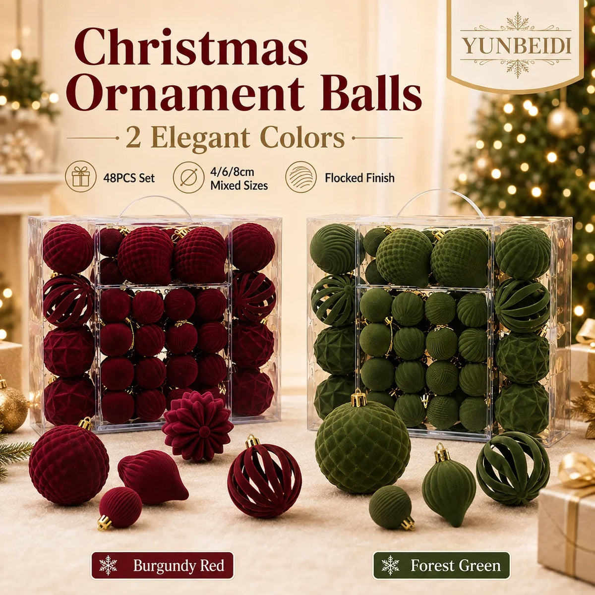 Conjunto de Bolas de Natal de Veludo 48 Peças, Enfeites Plásticos Flocados para Decoração de Árvore de Natal DIY, Decoração Suspensa para Festas e Casa