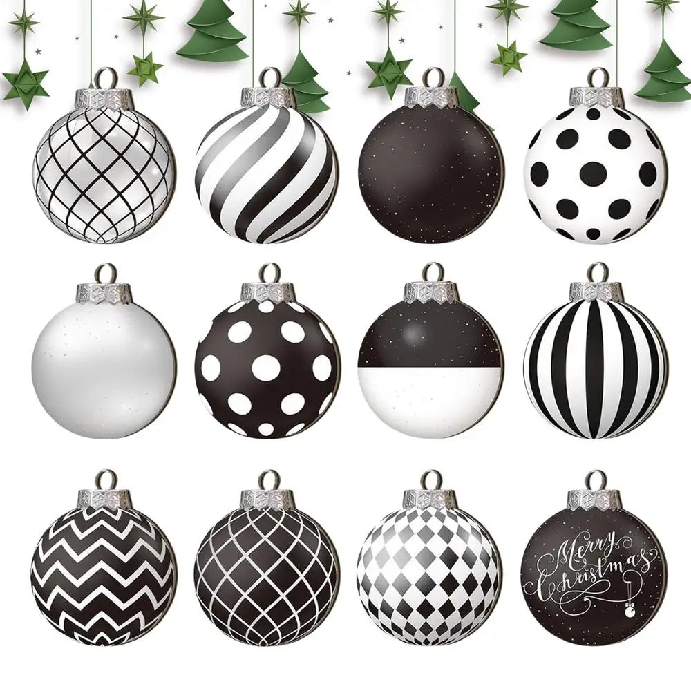 12pçs bolas de natal pretas e brancas, bola suspensa pintada à mão, pingentes de árvore de natal, decoração de casa, presentes de ano novo 2025