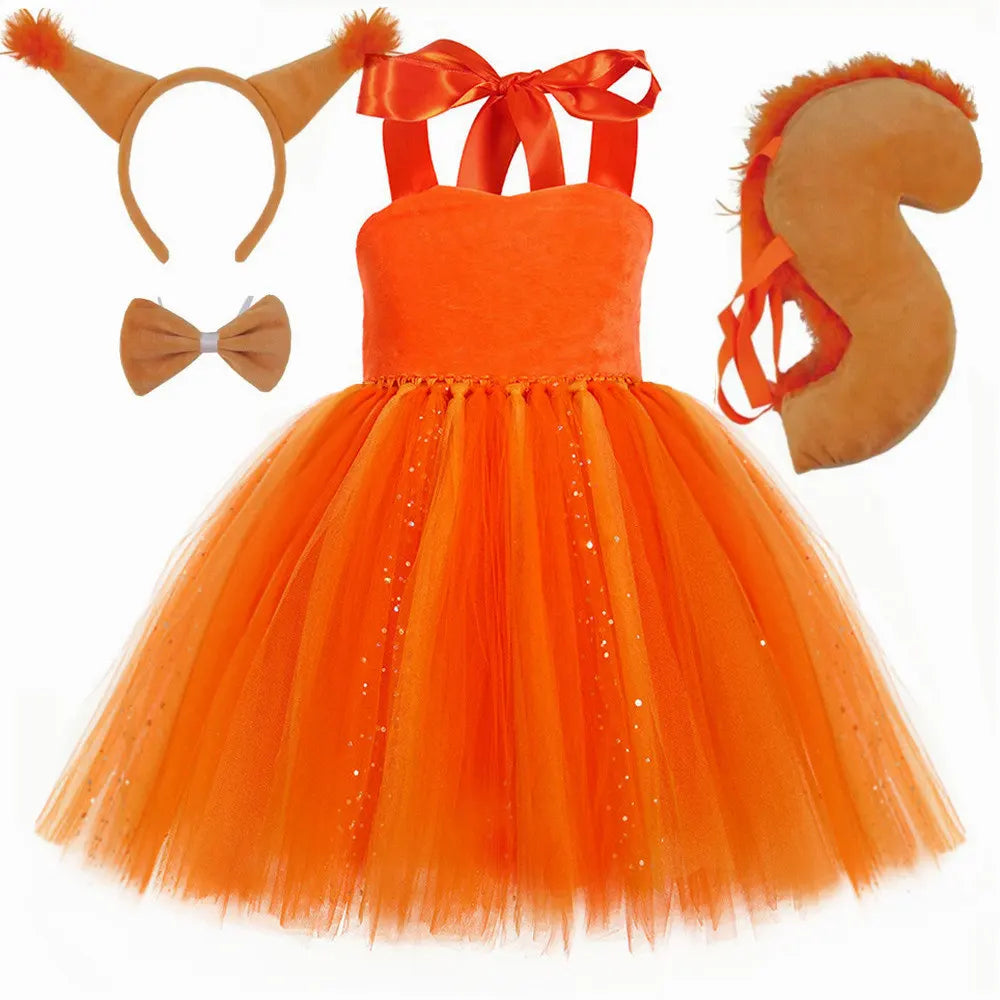 Meninas esquilo traje crianças laranja animal temático tule tutu vestido para meninas da criança halloween carnaval festa vestir-se roupas