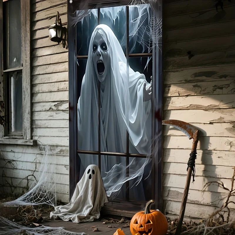 Decoração de banner para janela de Halloween, design de peça única, com padrões de fantasmas aterrorizantes, feito de tecido de poliéster.