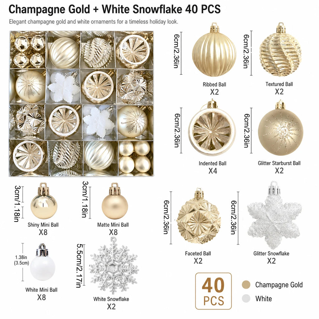 Conjunto de 40 Decorações de Natal em Ouro Champanhe e Branco, Decorações para Árvore de Natal, Adequado para Casamentos e Natal