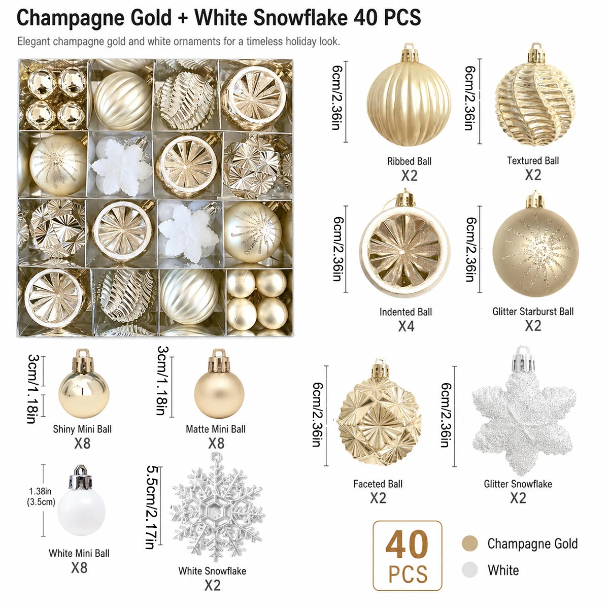 Conjunto de 40 Decorações de Natal em Ouro Champanhe e Branco, Decorações para Árvore de Natal, Adequado para Casamentos e Natal