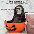 Decoração de cena de Halloween: balde de abóbora, prato de doces engraçado, adereços, enfeites, decorações de atmosfera de evento, decoração de bar