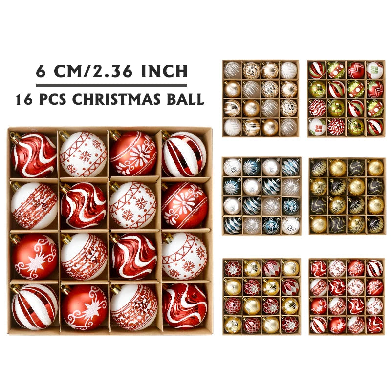 Conjunto de decorações de árvore de enfeites de Natal, bola de Natal inquebrável de 16 quilates, ornamentos pendurados de 2,36 polegadas para decoração de festas de fim de ano