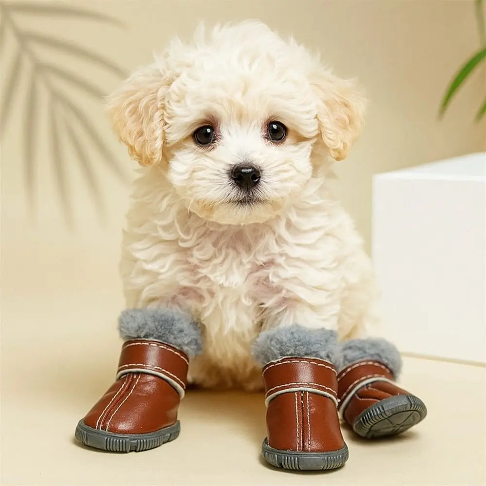 4 pçs inverno sapatos para cães de estimação antiderrapante anti-congelante botas para cães à prova dwaterproof água couro do plutônio resistente ao desgaste sapatos de lã do cão temporada de inverno