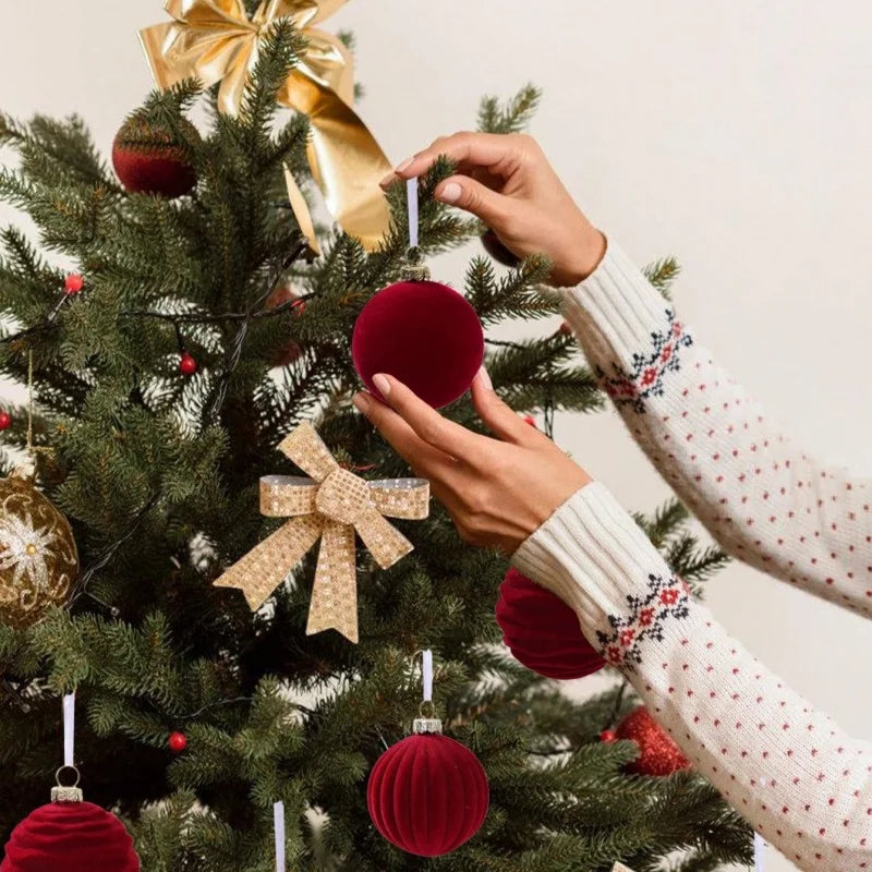 12 peças de enfeites de Natal em veludo para pendurar na árvore, decorações de Natal, bolas de Natal em tom bordô, decoração natalina.