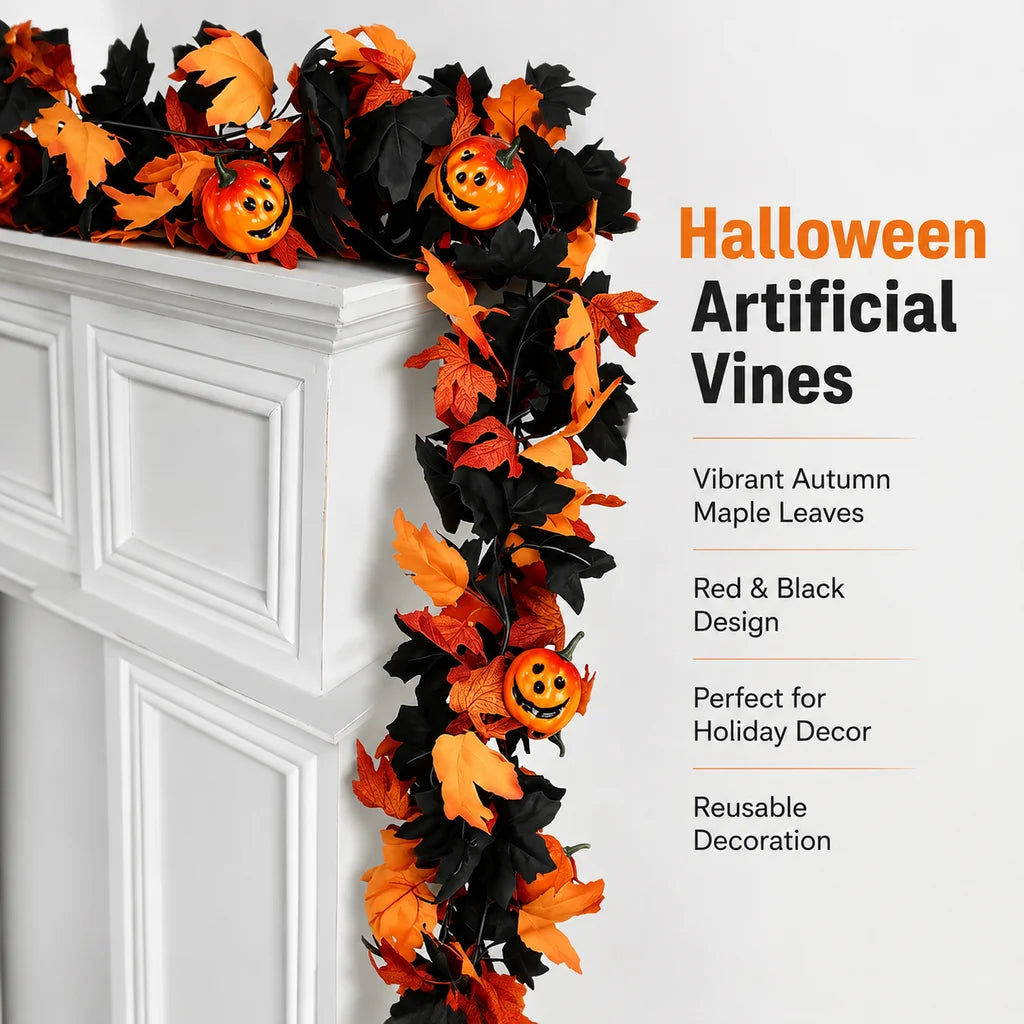 Abóbora Artificial de Halloween, Vermelha e Preta, Folhas de Bordo de Outono, Guirlanda Falsa, Decoração de Lareira para Casa, Natal, Ação de Graças e Festas de Outono
