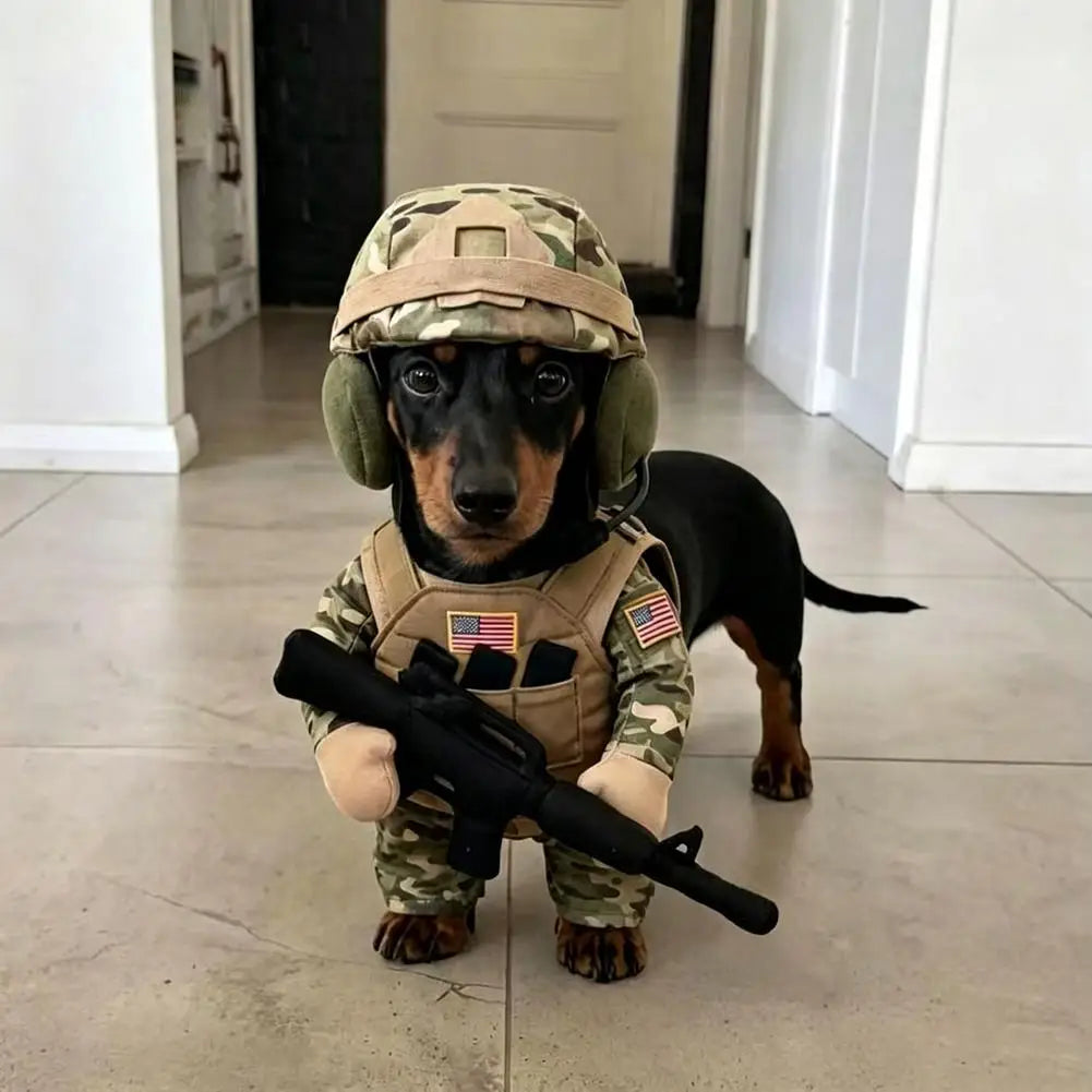 Uniforme tático para animais de estimação, fantasia de soldado para Halloween para cães e gatos, arnês tático para cães com chapéu, roupa militar divertida.