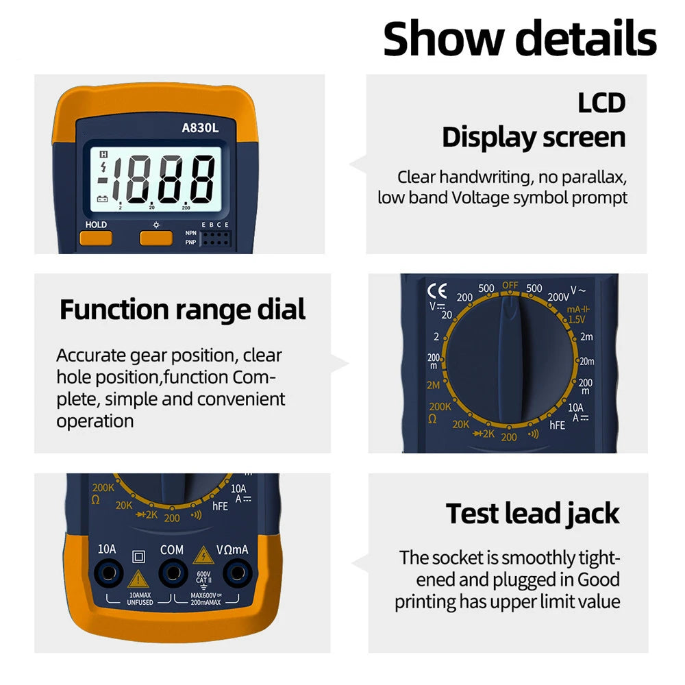 A830l lcd multímetro digital ac dc tensão diodo frequência multitester testador de corrente display luminoso com função campainha
