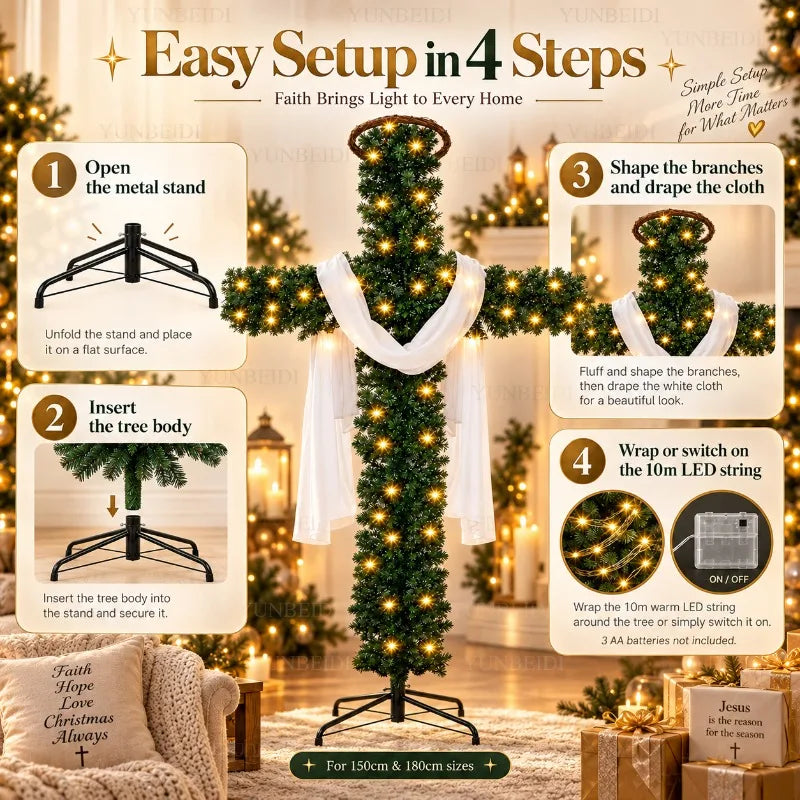 Decoração de Árvore de Natal em Forma de Cruz de 150/180cm com Luzes LED Quentes, Decoração Religiosa para Árvore de Natal, Jardim, Igreja e Festas