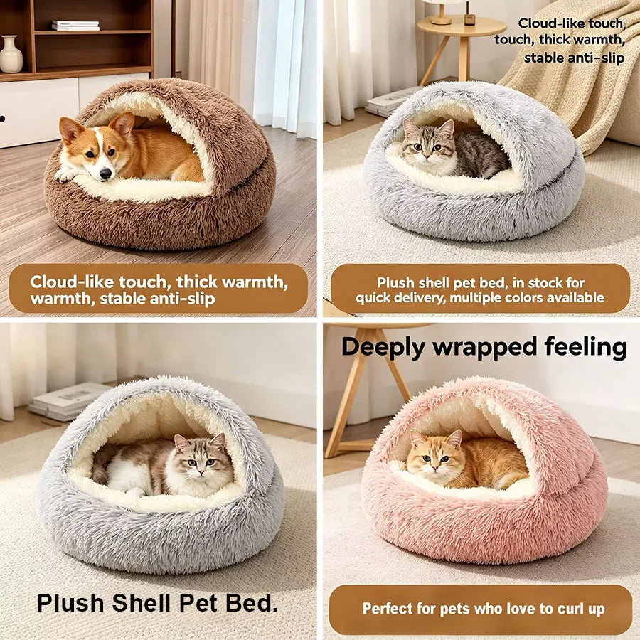 Camas aconchegantes para gatos, colchão para cães, cama quente e macia de pelúcia para animais de estimação, em formato de concha, semi-fechada, ninhos para dormir para gatos, para cães pequenos e gatinhos