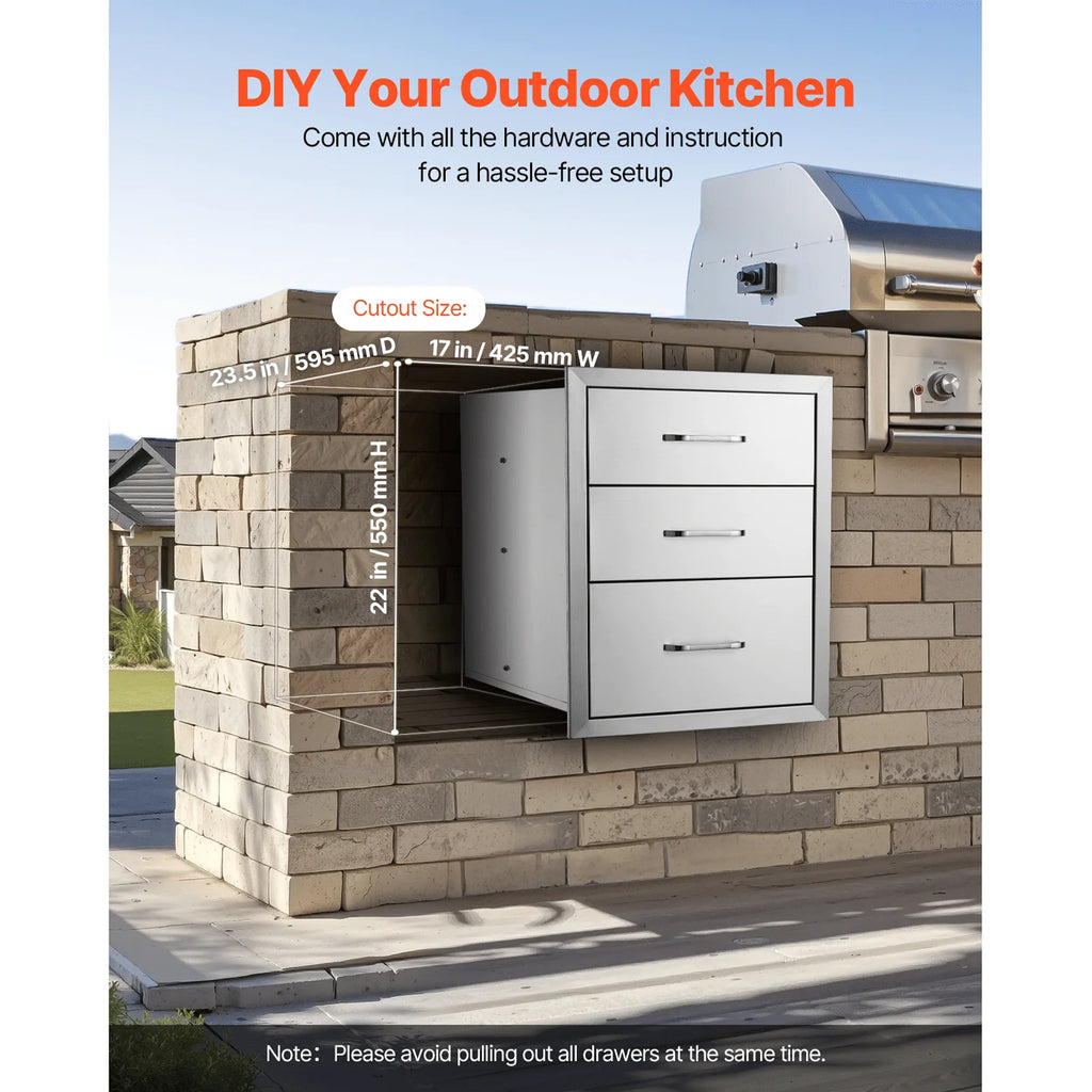 18x23 Inch Outdoor Kitchen Stainless Steel Triple Access BBQ Drawers with Chrome Handle 18 X23 X 23 Inch Kitchen Islands & Carts