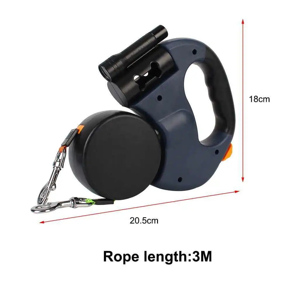 Trela retrátil automática para cães, 3m, com lanterna led, saco de resíduos, roleta, corda de tração dupla de 360 graus, suprimentos para animais de estimação