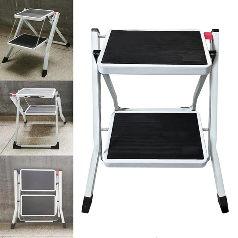 Escada dobrável de 2 degraus para cozinha, caravana, casa e escritório, escada de aço portátil compacta, pés antiderrapantes, multiuso