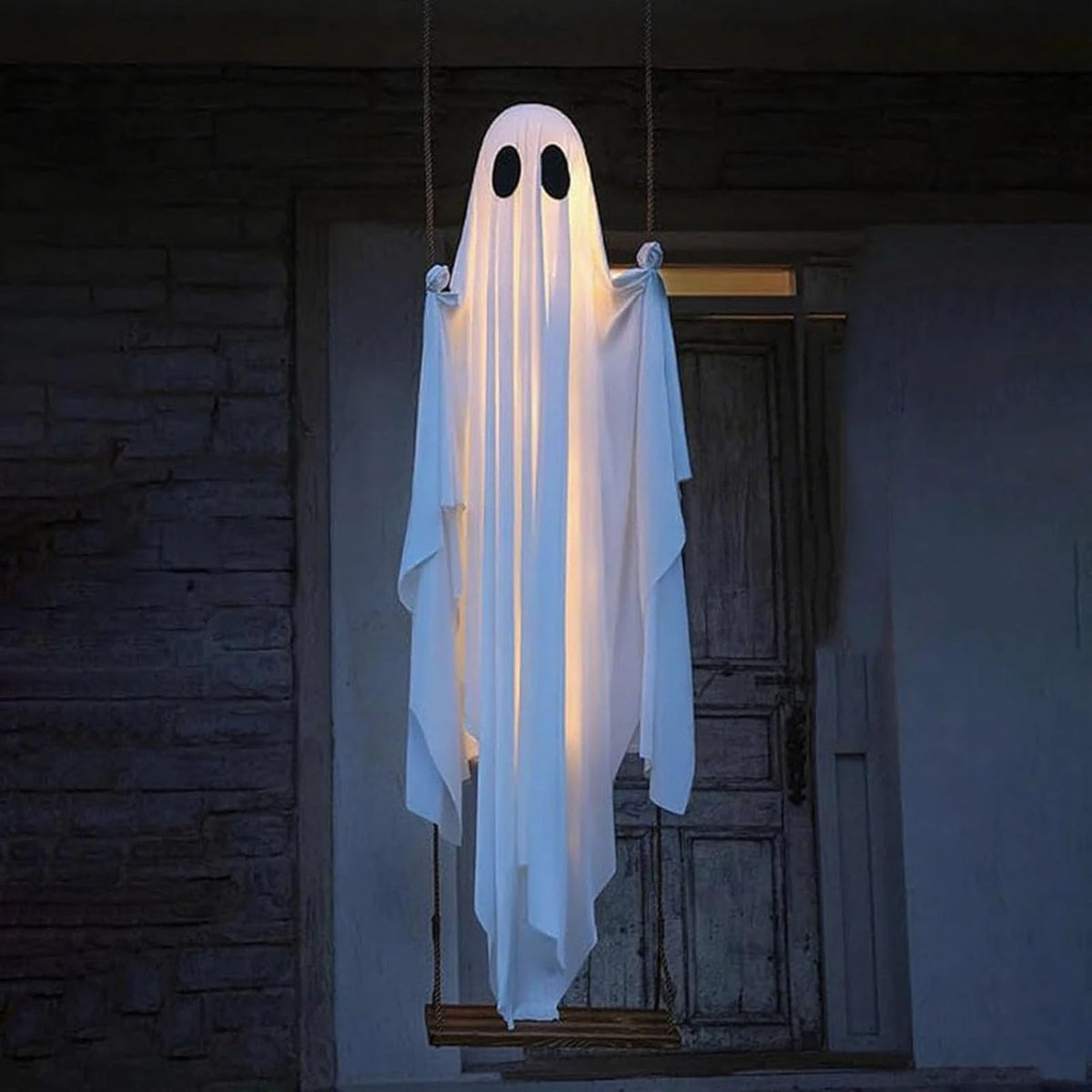 Decoração de halloween fantasma de balanço pendurado ao ar livre com luzes de corda ornamento fantasma assustador decoração fantasma bonito para árvores de varanda frontal