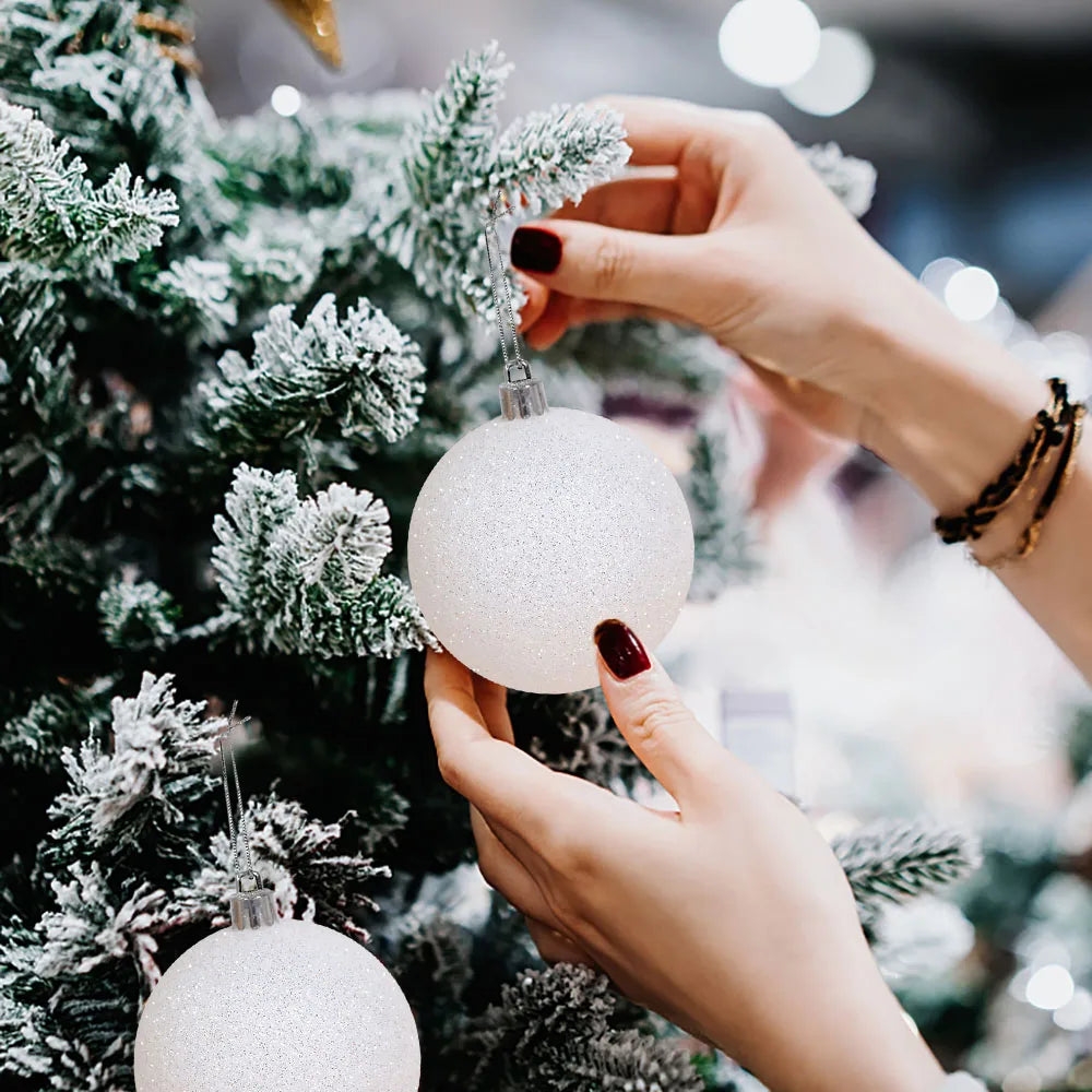 12/6 pçs bolas de natal brancas árvore de natal pendurado ornamentos glitter bola de natal bauble pingentes decoração para casa presentes de ano novo noel