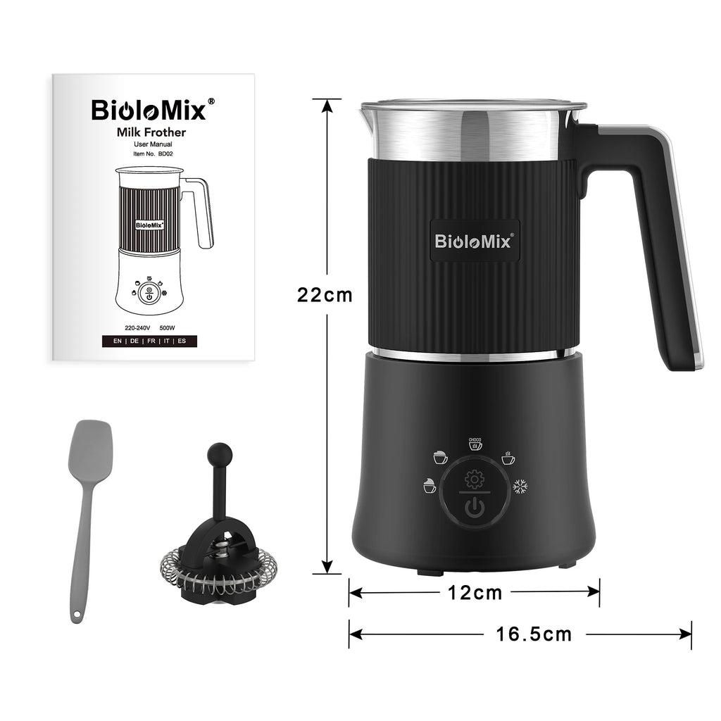 Batedor de leite e vaporizador removível BioloMix, fabricante automático de espuma quente/frio e chocolate quente 5 em 1, seguro para máquina de lavar louça