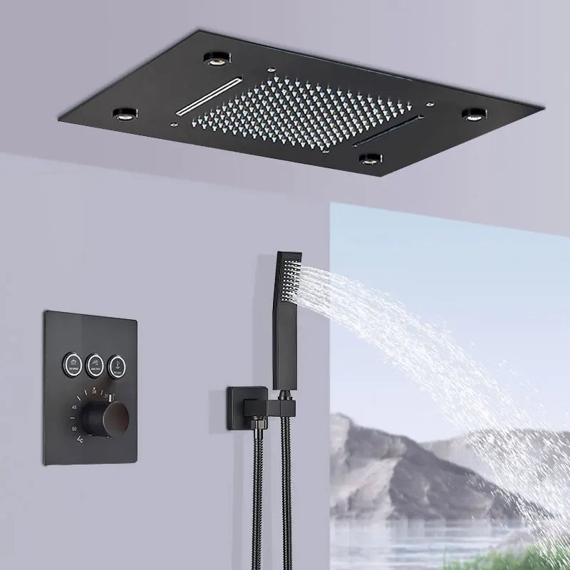 Torneira termostática de luxo para chuveiro, conjunto de chuveiro com led, montagem no teto, cascata e chuvas, sistemas de chuveiro de banheiro, misturador de chuveiro de 3 vias