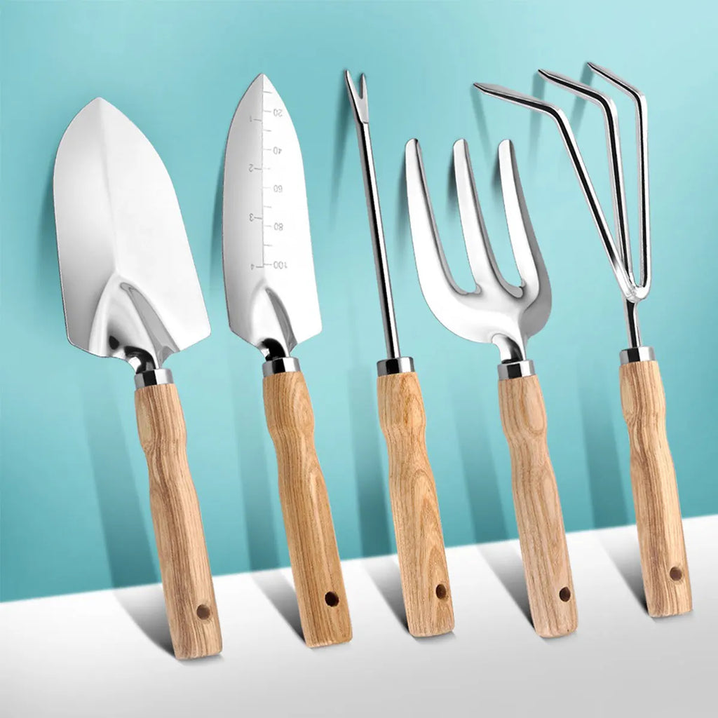 Conjunto Profissional de Ferramentas de Jardinagem com 5 Peças em Aço Inoxidável, Pá Ergonômica para Raízes, Rake para Vasos, Canteiros e Recipientes, Kit para Uso Externo