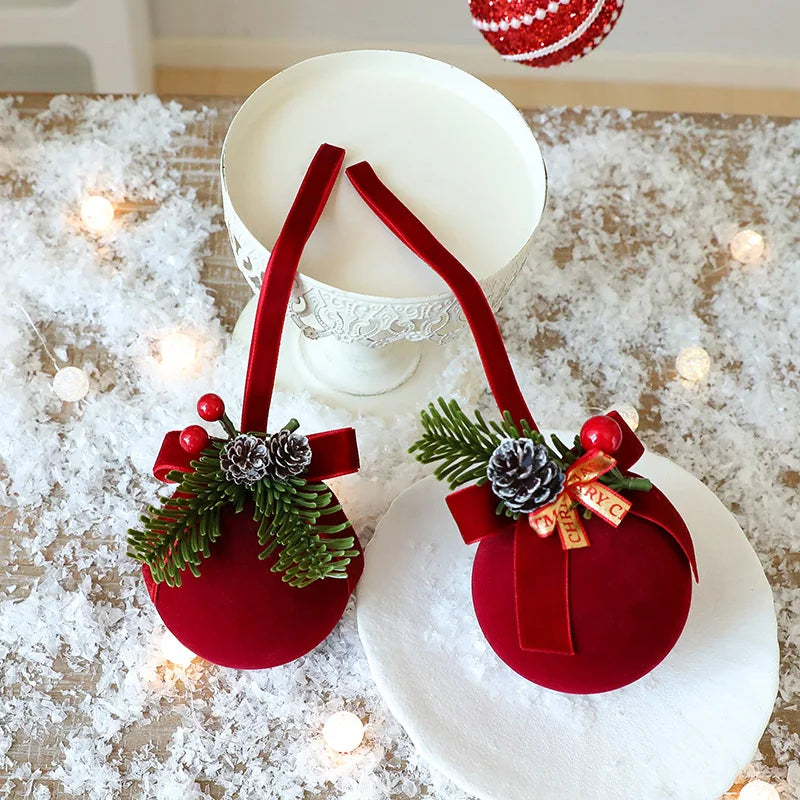 Enfeites de Natal em Veludo Vermelho, Bolas Flocadas, Sinos, Pingentes, Laços, Decoração para Casa, Presentes para Festa de Natal e Ano Novo